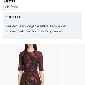 Lela Rose Jacquard Fit and Flair Black Dress with Red Floral Embroidery